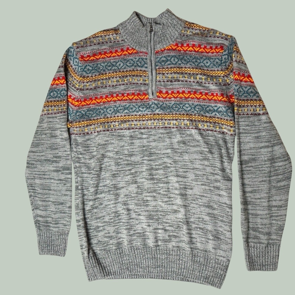Carbon Mens XL Gray Fair Isle Sweater Geometric Knit Pullover Mock Neck